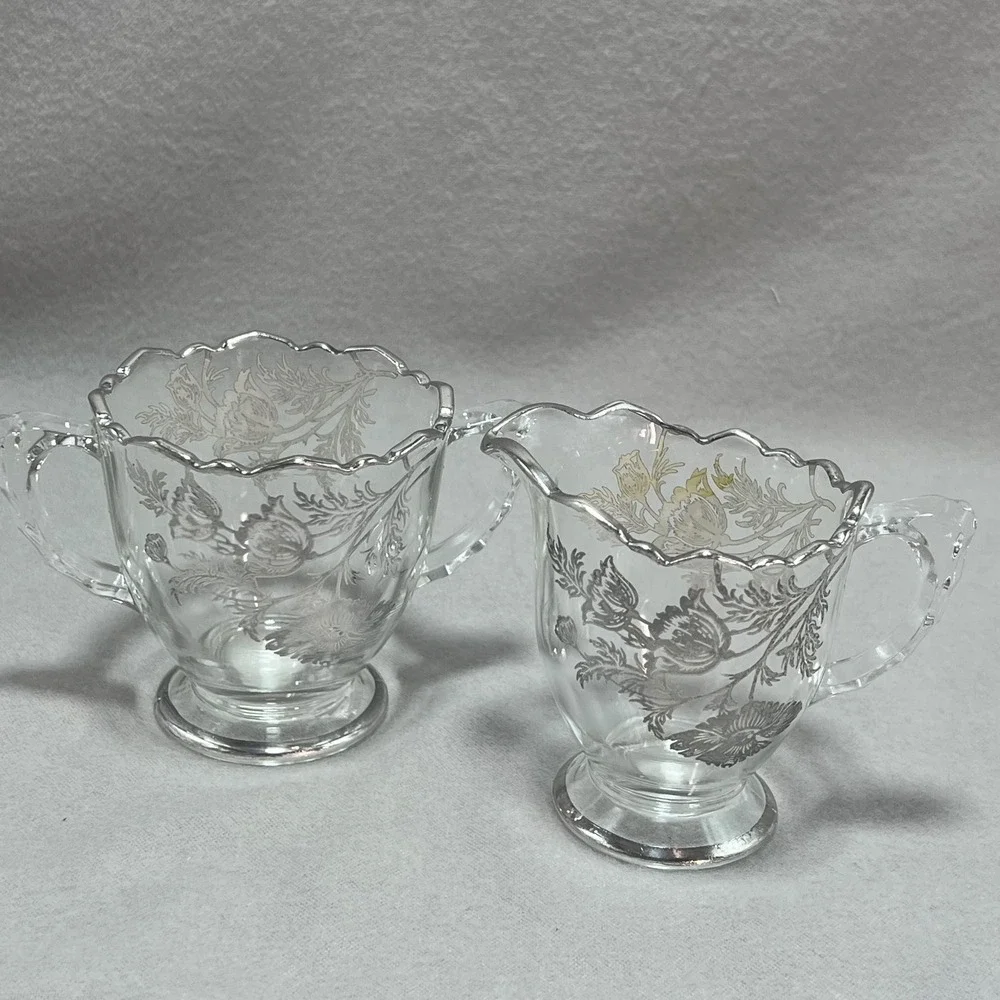 Silver City Poppy Flanders Clear Glass Silver Overlay Vintage Creamer Sugar Set